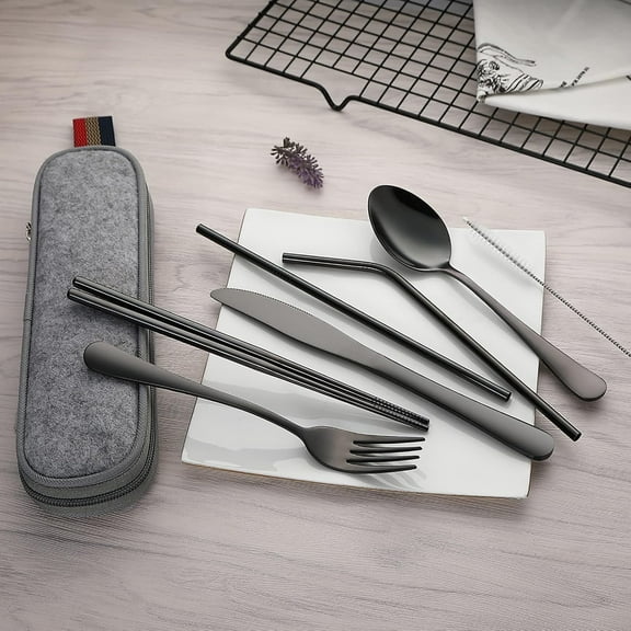 BYXAS Portable Utensils, Travel Camping Cutlery Set, 8-Piece including Knife Fork Spoon Chopsticks Cleaning Brush Straws Portable Case, Stainless Steel Flatware Set (Black)