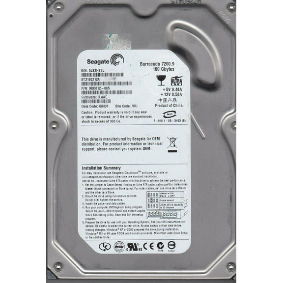 ST3160212A, 5LS, WU, PN 9BD012-065, FW 3.AAE, Seagate 160GB IDE 3.5 Hard Drive