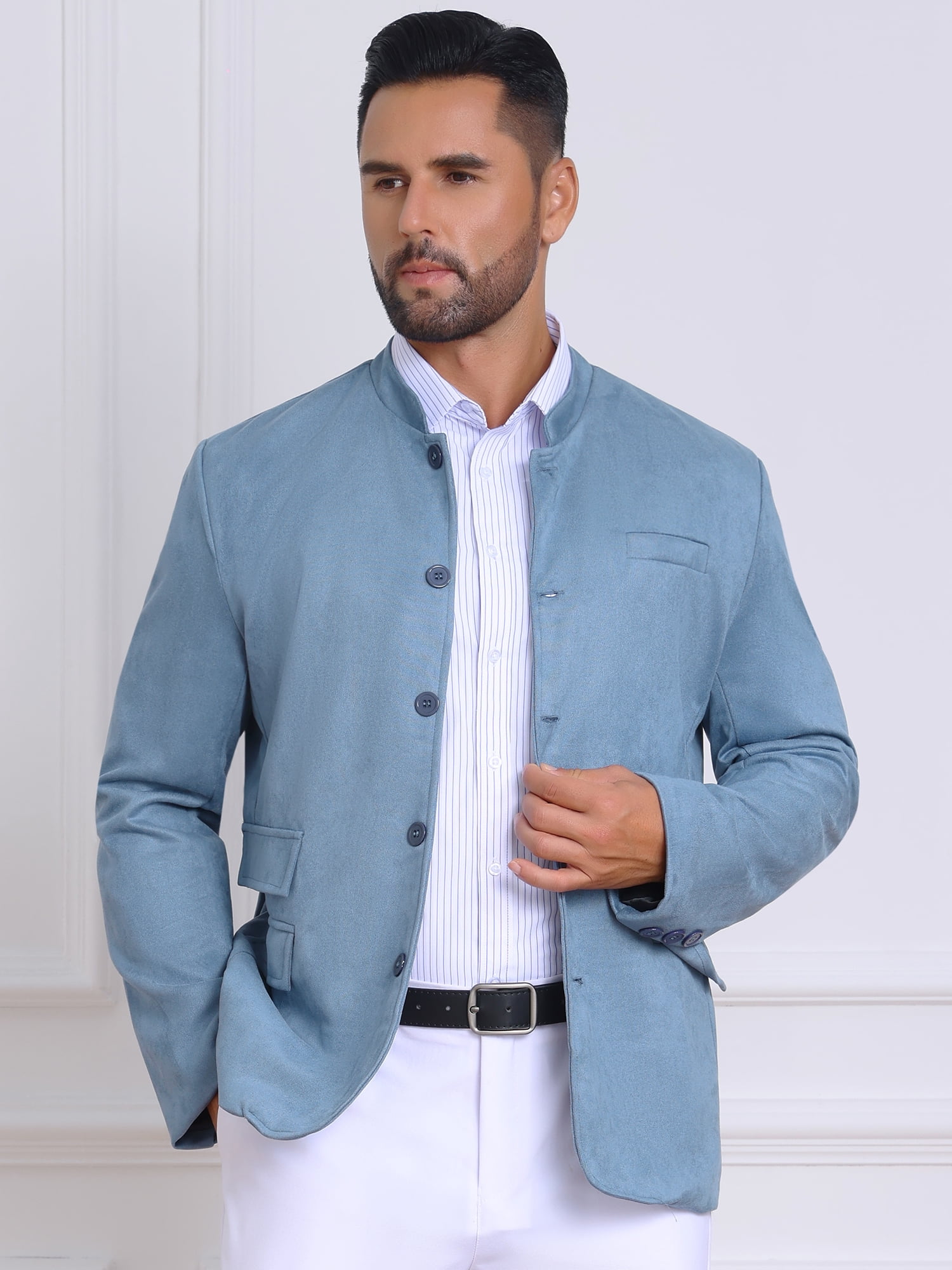 DARING DIVA Men's Suit Jacket Stand Collar Single Breasted Suede Blazer 2XL Blue