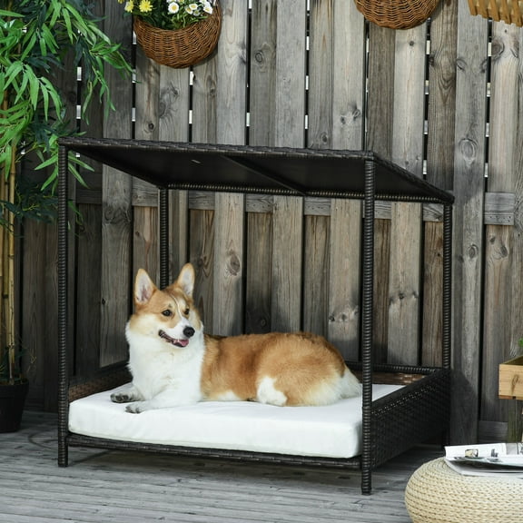 SAEWUD Elevated Rattan Pet Bed with Soft Cushion, Stylish Indoor/Outdoor Dog Lounger for Small and Medium Dogs, Brown and White
