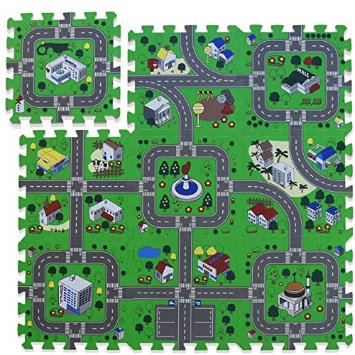 Foam Play Mat Road Toy Playroom Playmat Interlocking Floor Puzzle Road Mat Interactive Play Set (9 Piece Set)