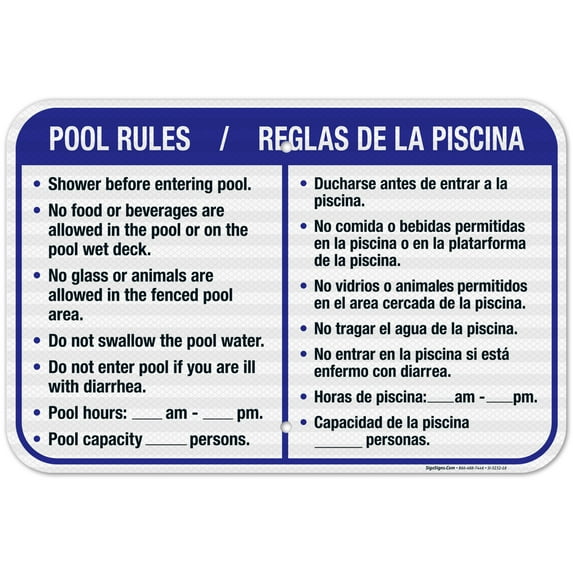Swimming Pool Rules Bilingual Sign, Spanish English ,