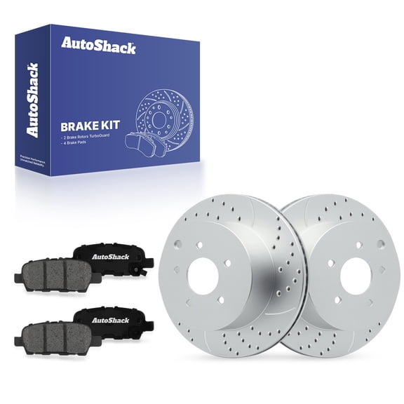 AutoShack Rear Brake Rotors & Premium Pads for Nissan, Murano 2003-2007, 2009-2022, AWD FWD L4 2.5L V6 3.5L - Coated Drilled & Slotted - Silver Matte Finish - TurboGuard - 12.13" (308 mm), 5-Lug