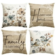 Smile Fall Chinoiserie Poppy Flowers Chickadee Home Sweet Home Throw Pillow Covers, 18 x 18 Inch Autumn Family is Everything Decorations for Sofa Couch Set of 4