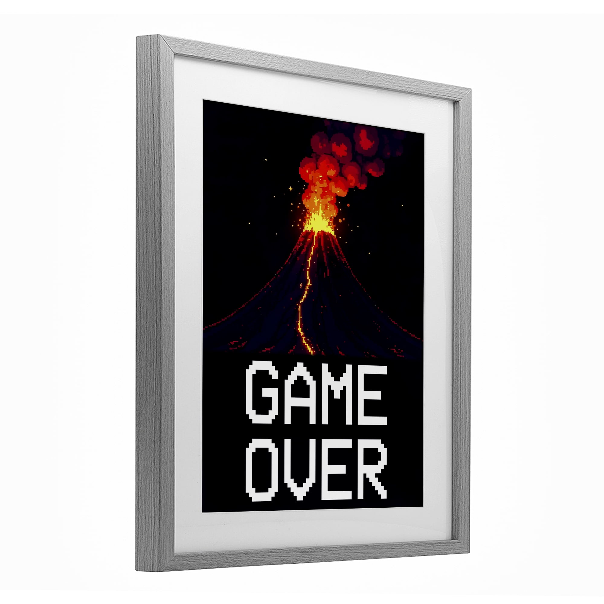 Pixel Volcano Game Over Gray Framed Print Under Glass, design by Kim Allen