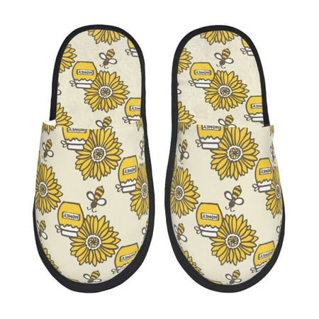 Balery Cartoon Honey Pot Bee Sunflower Slient Indoor Furry Fleece Comfort House Shoes Soft Non-Slip Home Shoes Cotton slippers House Slippers-- Medium