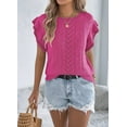 thumbnail image 4 of Women Cap Sleeve Tops Summer Crew Neck Shirt Crochet Knit Sweater Rose Red S, 4 of 9