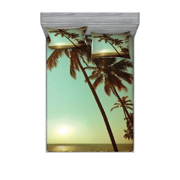 Ambesonne Tropical Fitted Sheet & Pillow Sham Set, Sunset Pacific Dusk, Queen, Green Brown