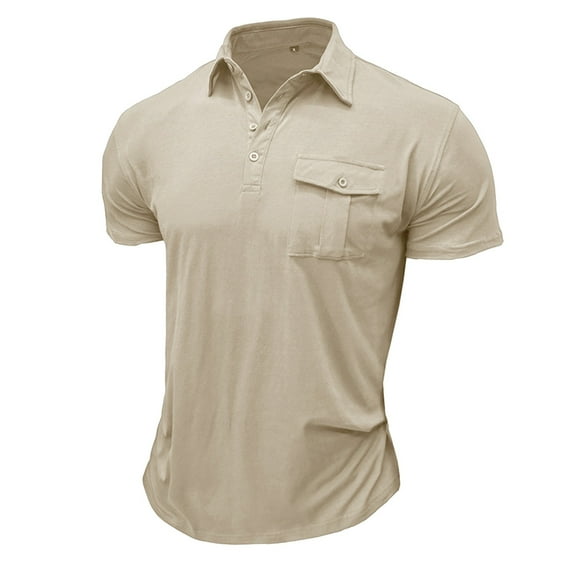 Mens Shirts Polos Spring Short Sleeve Button Pocket Solid Color Sports Mens Clothing,Beige,L