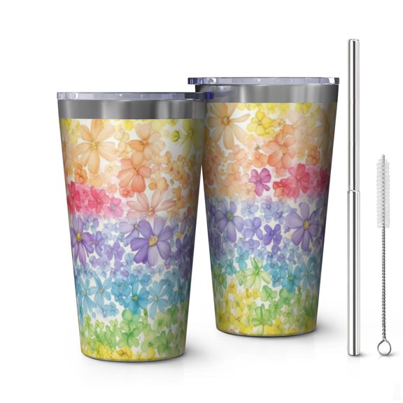 16oz Tumblers Pioneer Flower Floral Print Pattern Stainless Steel Vacuum Insulated Double Wall Travel Tumbler Cups Mug with Lid and Straw,Cleaning Brush for Coffee,Tea