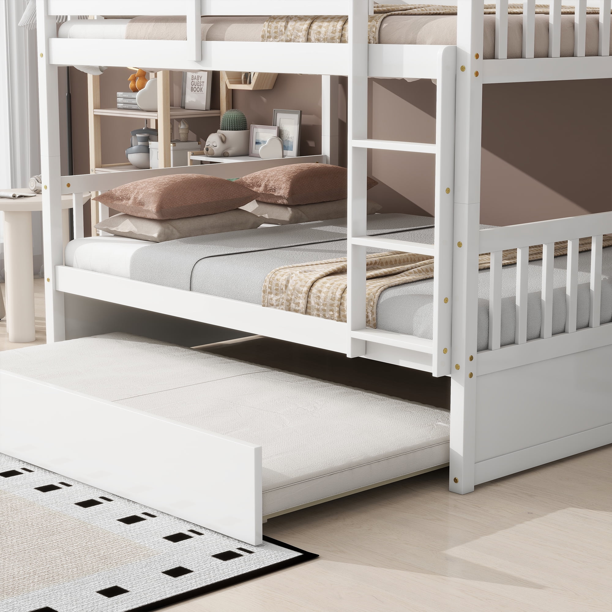 Sailvan Full Over Full Rubber Wood Bunk Bed with Trundle Ladder Guardrails, Convertible to 2 Beds