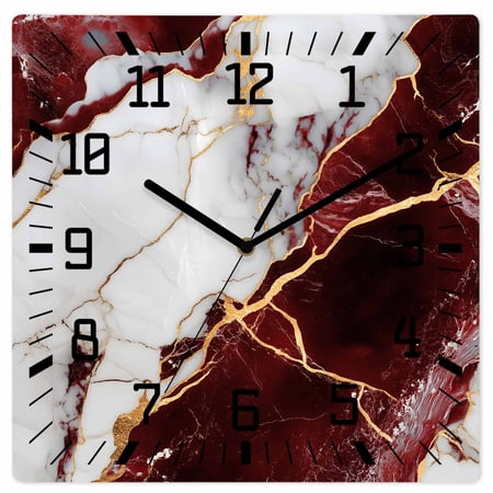 Marble Red Wooden Wall Clock Silent Non Ticking, Modern Abstract Gold White Brick Stone Motif Square Wall Clocks Battery Operated, Decor Clock for Home Office, Living Room, Kitchen, 10 Inch