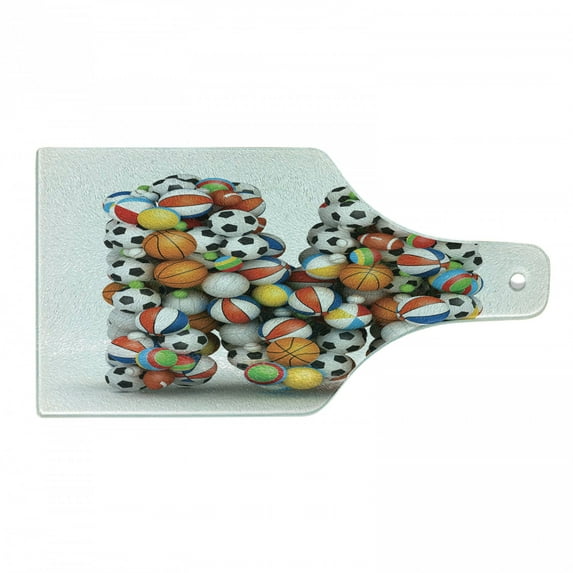 Letter M Cutting Board, Alphabet ABC Creative Typography Design with Sports Theme and Different Balls, Decorative Tempered Glass Cutting and Serving Board, Wine Bottle Shape, Multicolor, by Ambesonne