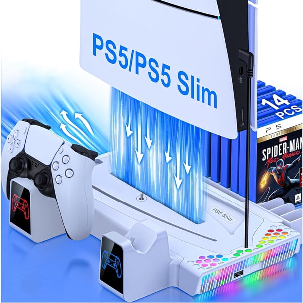 Estación de refrigeración con controlador de carga para PS5 y Slim, soporte RGB vertical, base para accesorios de juego con soporte para auriculares y 14 ranuras para juegos