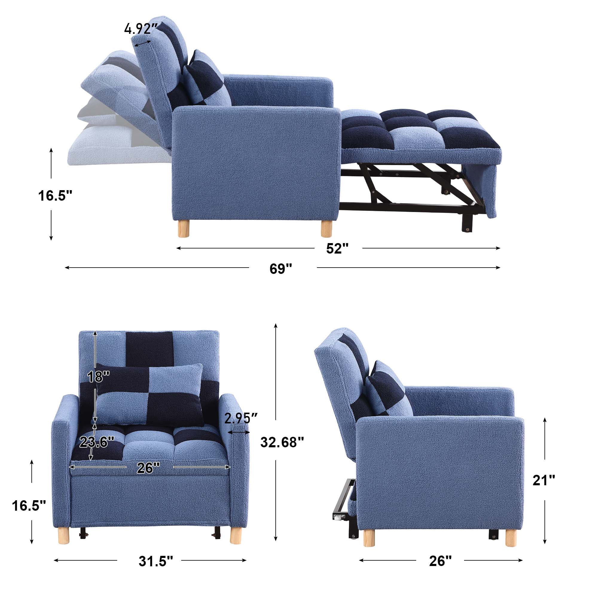 Aukfa Convertible Sleeper Chair Bed, Patchwork Pull Out Sofa Chair with Adjustable Backrest, Teddy - Blue/Navy