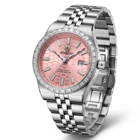 Women's Quartz Wrist Watch, Crystal-Encrusted Bezel, Date Display, Stainless Steel Bracelet Dress Watch for Ladies