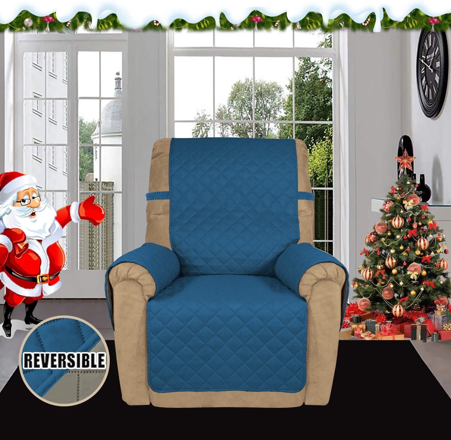 Easy-Going Reversible Water Resistant Recliner Cover with Elastic Straps, Peacock Blue/Beige