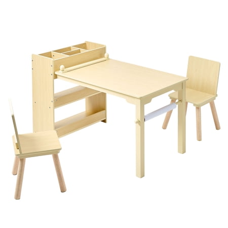 VEVOR Kids Art Table and Chair Set Toddler Craft Table with 3 Tiers Storage Cabinet Wooden Kids Activity Play Desk with 2 Chairs Craft Play Desk for Reading Learning Drawing Writing Light Wood