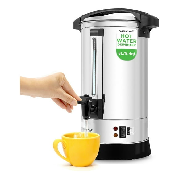 Hervidor Eléctrico de Agua Dispensador de 8L NutriChef, Calentador de Bebidas con Tapa Segura, Antigoteo, Función de Mantener Caliente, Acero Inoxidable de Grado Alimenticio, 48 cm x 23 cm x 23 cm