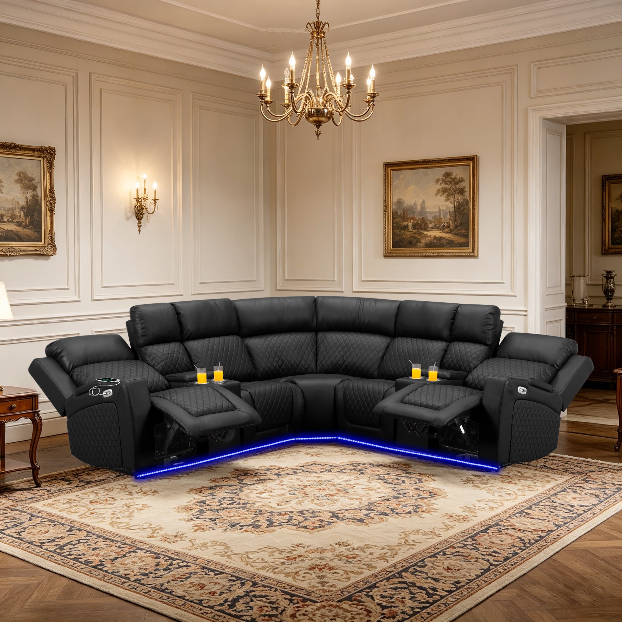 Gewnee 5-Seat Power Reclining Sectional L-Shaped Sofa with PU Upholstery, LED Lights, Bluetooth Speakers & Console, Black