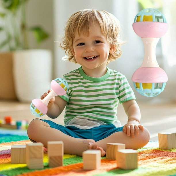 Juguete de cascabeles de goma suave con mancuernas de doble cabeza para la primera infancia, ideal para calmar y hervir agua.