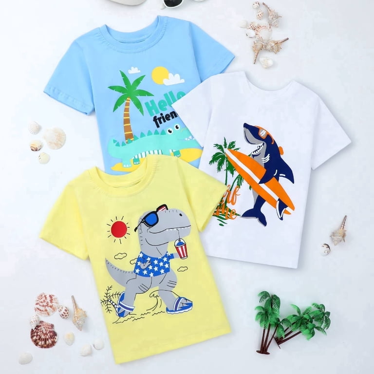Hileelang Boys' 3-Pack Cotton Dinosaur & Surf Graphic Tees photo 1
