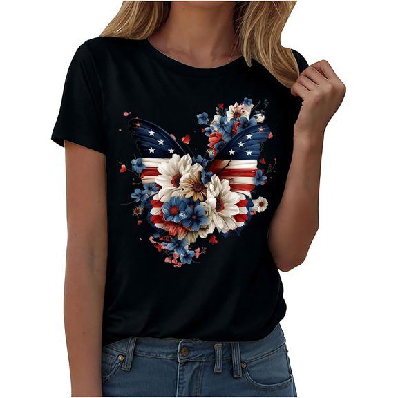 Aueoeo Women's Plus Size Short Sleeve Round Neck T-Shirts with Independence Day Print - Casual Summer Breathable Tops,Black,L