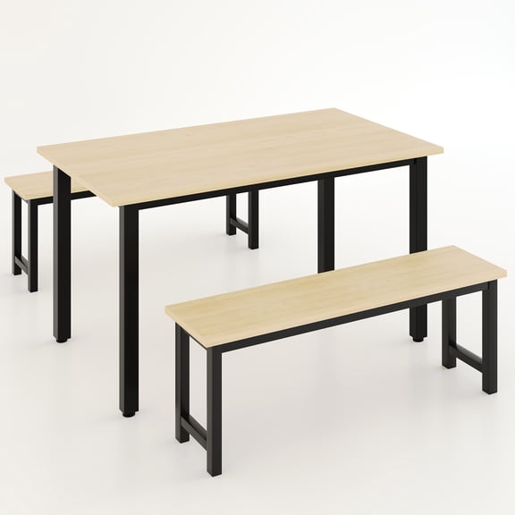 PORKISS 3 Piece Dining Table Set for 4, Kitchen Table with 2 Benches, Modern Dining Room Table Set with Metal Frame, Space Saving Breakfast Nook Table Set for Small Spaces, Apartment, Natural   Black