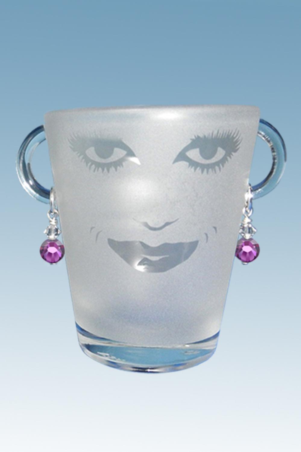 Set of 4 Lola Etched Face Shot Drinking Glasses with Amethyst Earrings