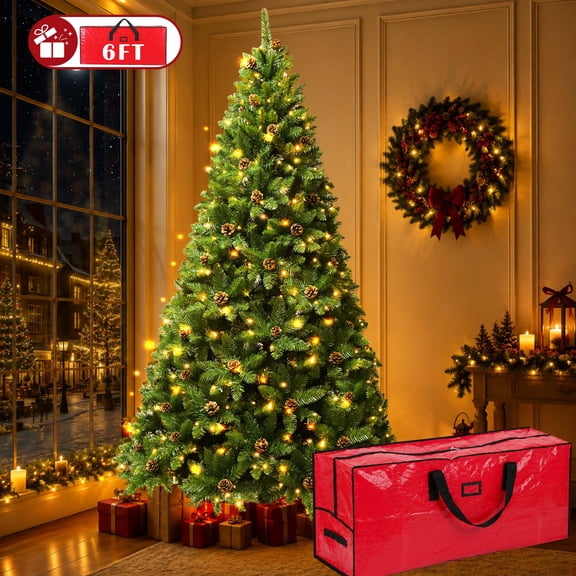 Yexmas 6FT Pre-Lit Green Christmas Tree with Pinecones, Artificial Xmas Tree with Large Storage Bag for Indoor Christmas Decorations