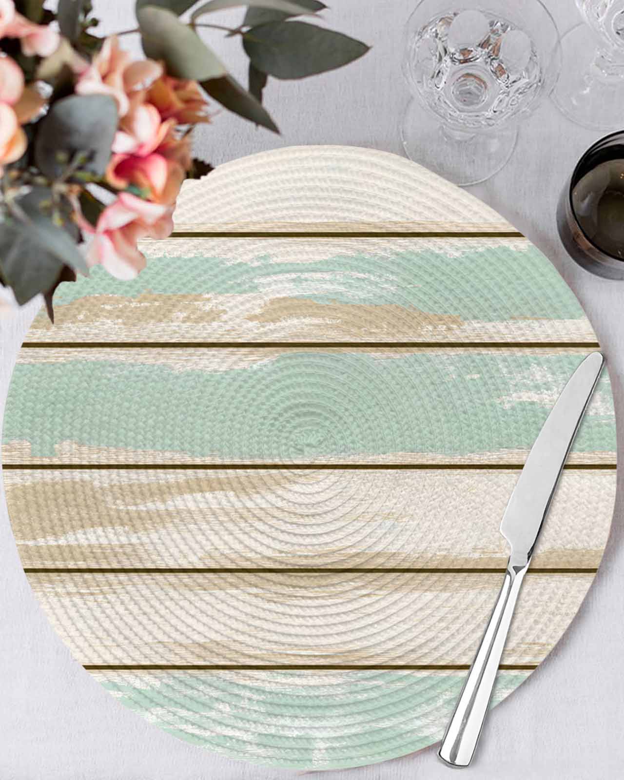 Farmhouse Vintage Round Table Placemats set of 8, Rustic Wood Texture Washable Woven Place Mats for Dining Tables Kitchen Party Decor,Heat Proof, 13in, Beige Green