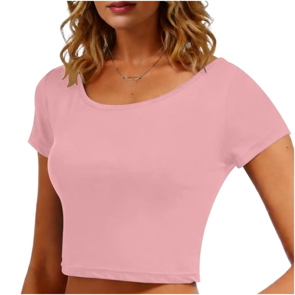 Uootdi Womens Cropped Tees Short Sleeve Crewneck Solid Color Slim Fit Gym Workout Casual Outings Tops Blouses Gift