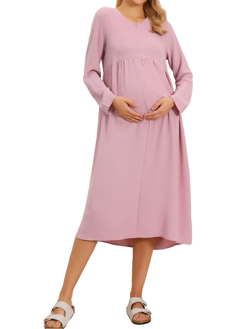 Inspire Chic Women's Maternity Nursing Breastfeeding Dress Zip Front Tiered Long Sleeve Round Neck Pleated Midi Maternity Pregnancy Dress S Pink