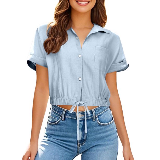 Camisa de manga corta con solapa y botones para mujer, top de playa con bolsillo, poliéster ligero, versátil para ocasiones informales y al aire libre