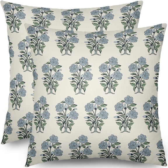 Blue Green Floral Block Print Pillow Covers 18x18 Set of 2 Chinoiserie Flower Leaves Outdoor Decorative Throw Pillows Farmhouse Pillowcases Linen Cushion Case Decor for Home Sofa Couch Bed