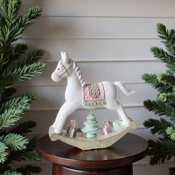 Vintage Christmas Rocking Horse Decor Resin Figurine with Red Saddle and Golden Accents for Tabletop, Mantel, and Holiday Display, 5.5 Inch Festive Home Decor