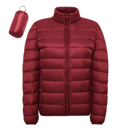 MIASHUI Women s Casual Solid Color Lightweight Waterproof Down Jacket White Feather Hoodless Parka Coat Red L