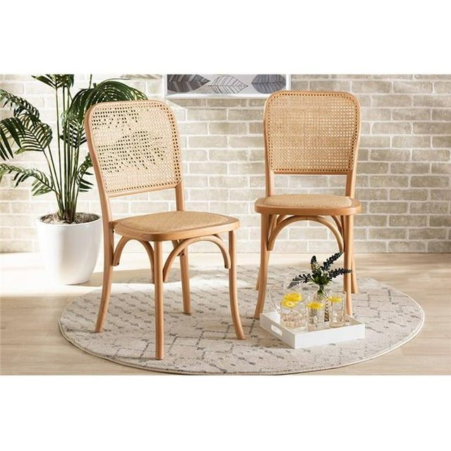 Baxton Studio B29-Natural Wood-Beechwood-Rattan-DC Neah Mid-Century Modern Brown Woven Rattan & Wood Cane Dining Chair Set - 2 Piece