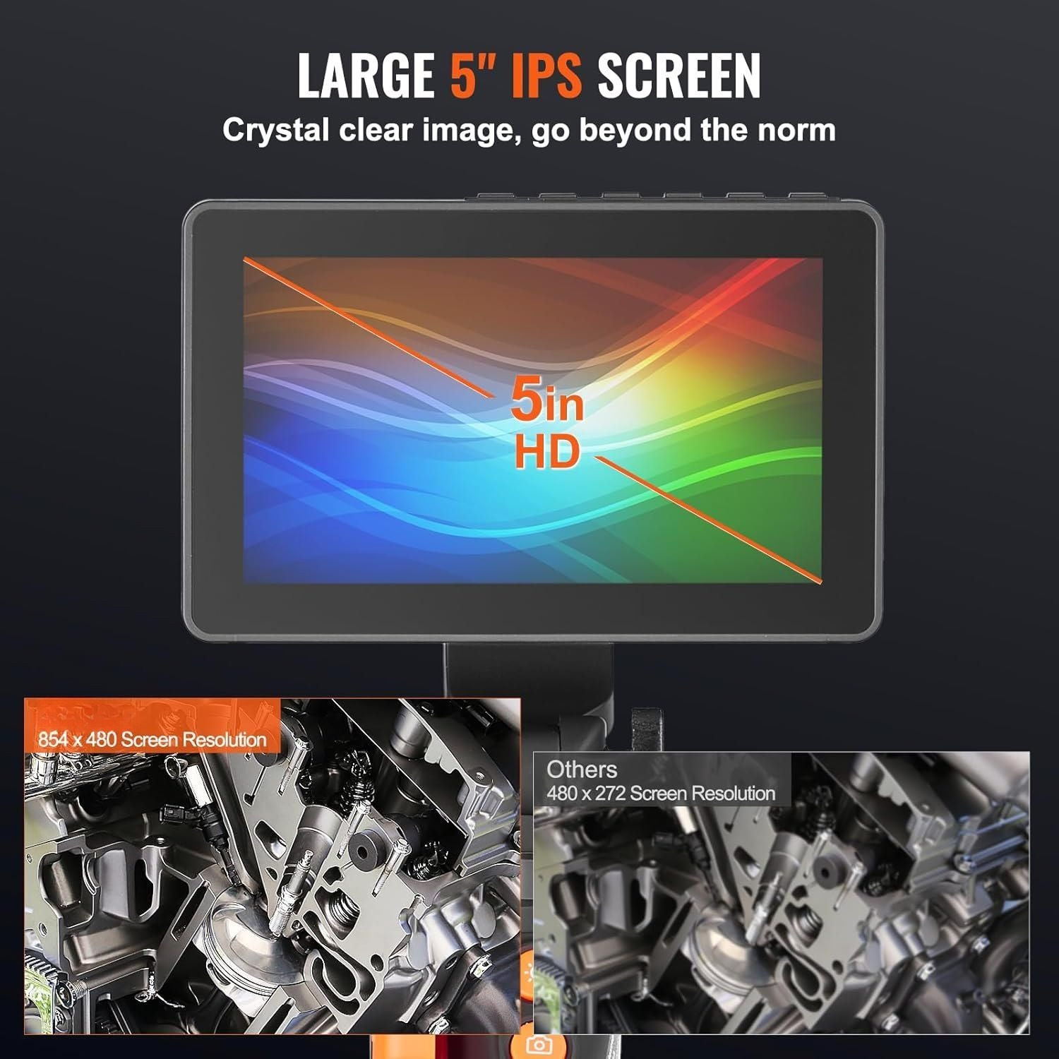 5" IPS HD Screen Endoscope, 2-Way 180° Articulating Borescope with 8X Zoom, 6.4mm Waterproof Inspection Camera