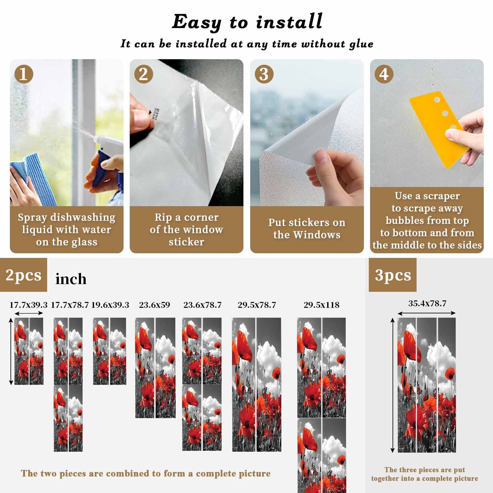 Red Flowers Window Privacy Film, Retro Black White Leaf Red Floral Frosted Glass Window Clings Static Cling UV Heat Blocking Reusable Door Sticker for Bathroom 23.6 x 59 Inch