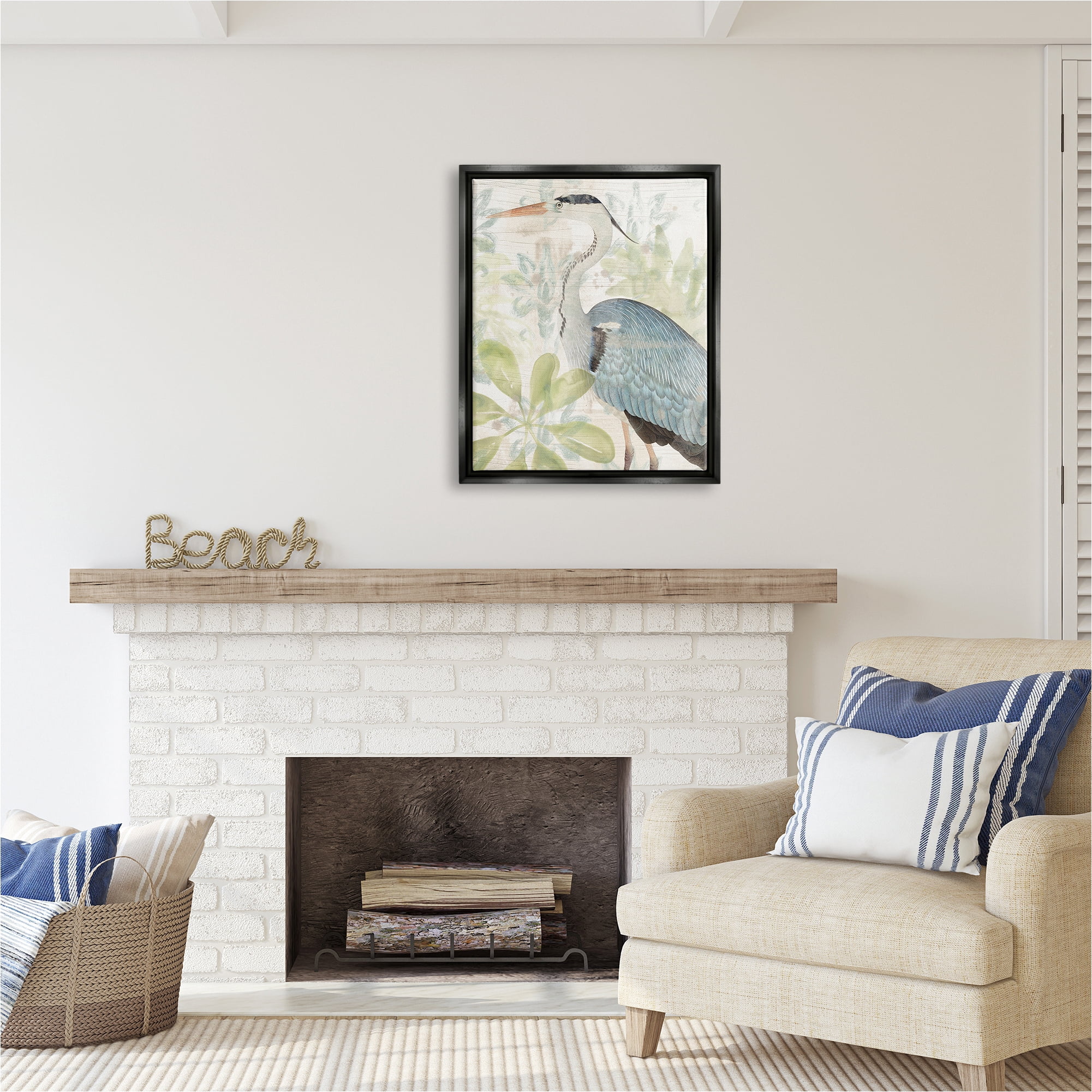 Stupell Industries Heron & Tropical Plants Animals & Insects Painting Black Floater Framed Canvas Art Print Wall Art, 25 x 31