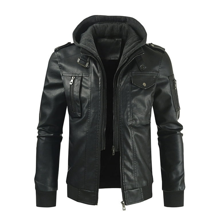 YYDGH Men's Motorcycle Jacket Casual Hooded PU Faux Leather Bomber
