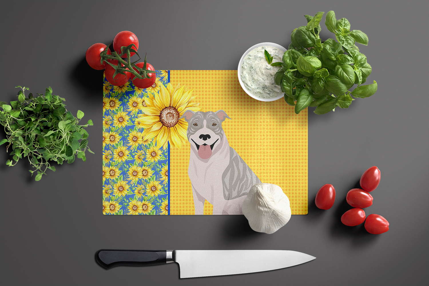 Summer Sunflowers Blue Brindle Pit Bull Terrier Glass Cutting Board Large 12 in x 15 in