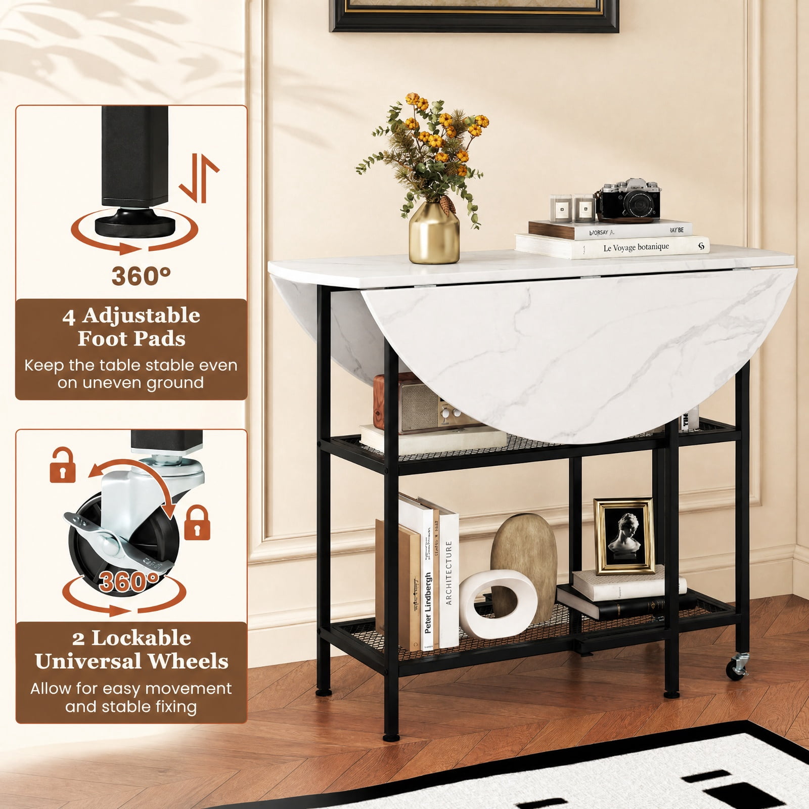 Furnibear Folding Round Dining Table with Lockable Wheels and 2 Storage Shelves and Sturdy Metal Frame for Small Spaces, White