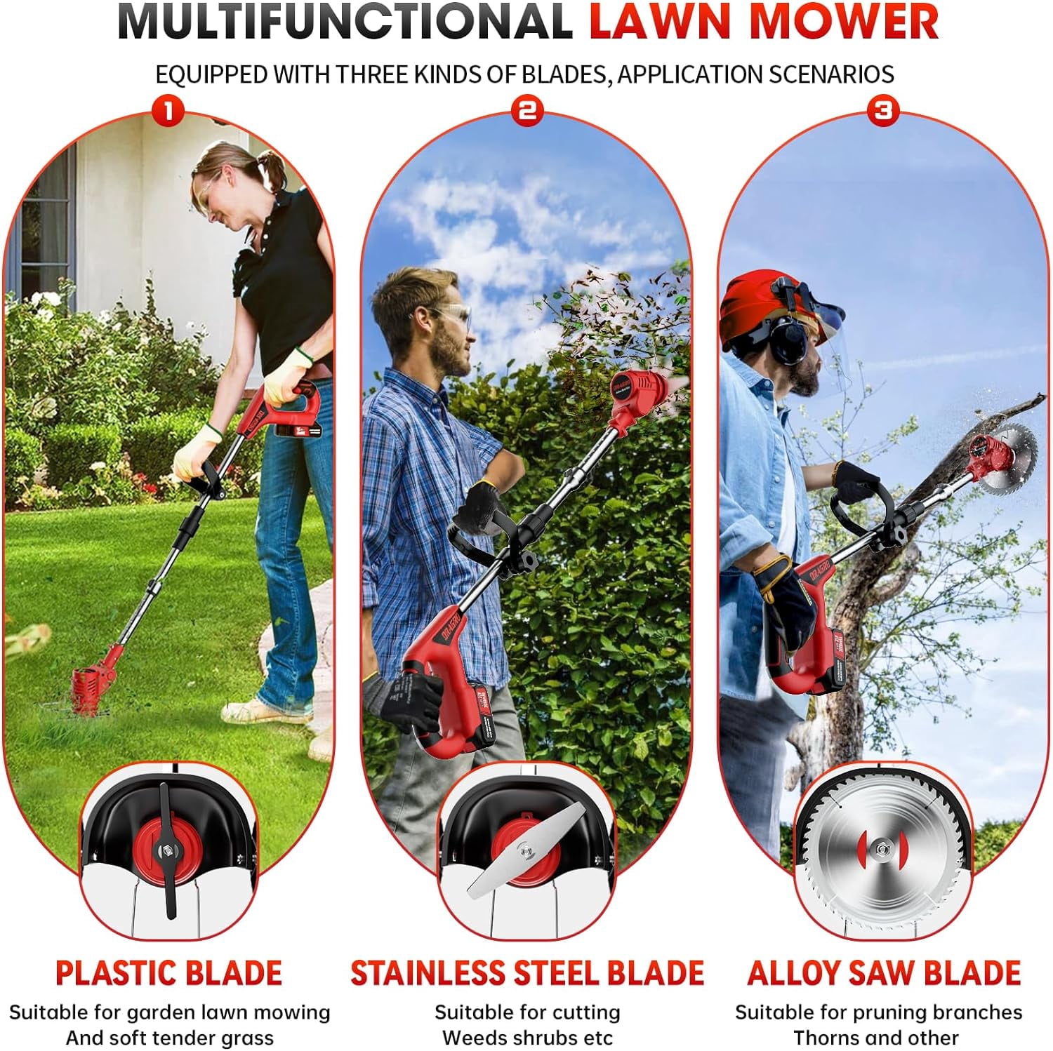 Electric Cordless Weed Wacker, 3-in-1 Small Lightweight Push Lawn Mower Edger Lawn Tool, Grass Trimmer Brush Cutter with 3 Types Blades and 2Pcs 2Ah Rechargeable Battery Powered for Garden Yard
