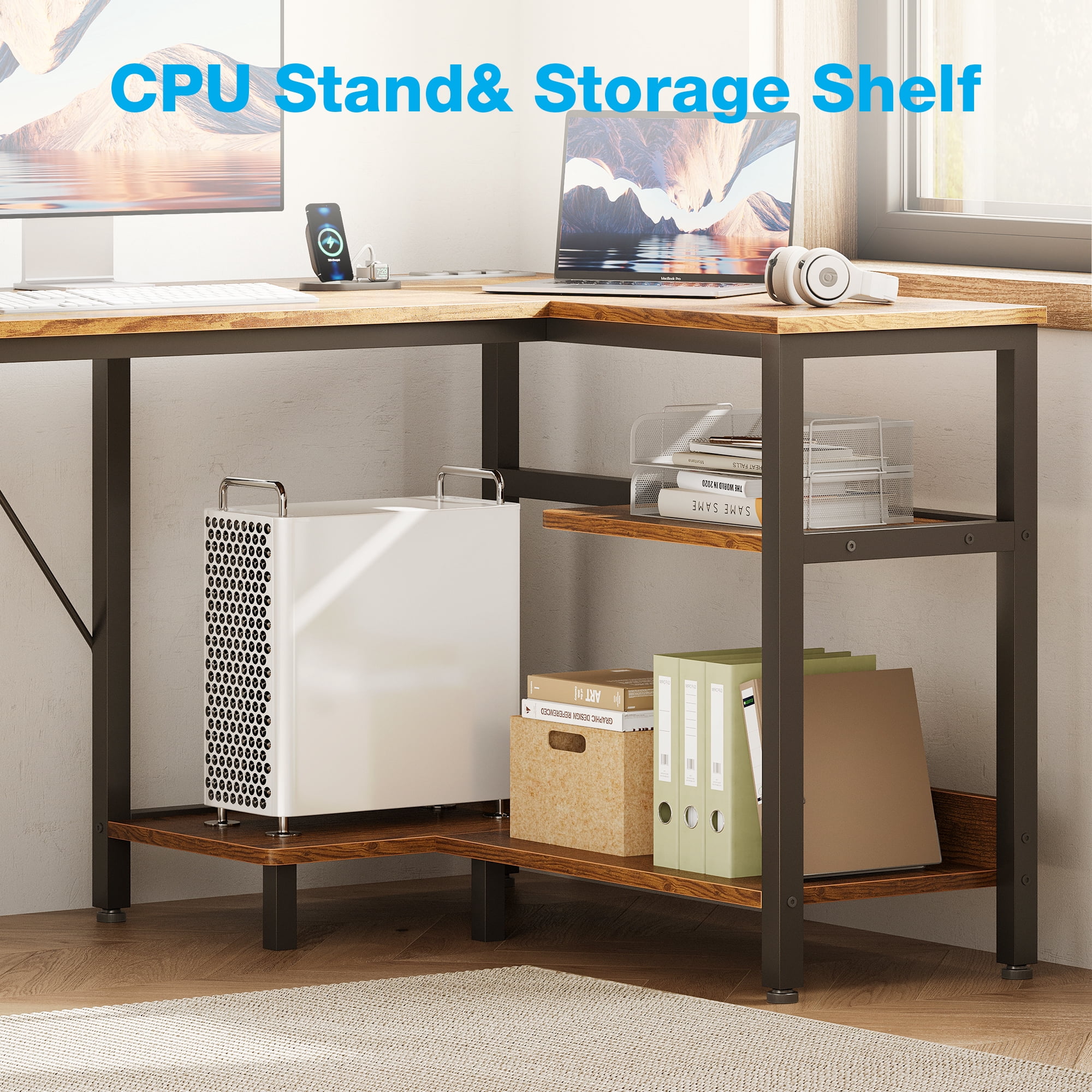 Casacomoda 63 Inch L Shaped Desk with Power Outlets, Large Computer Desk with File Drawer, Home Office Desk with Printer Stand & Storage Shelves, Corner Desk, Vintage