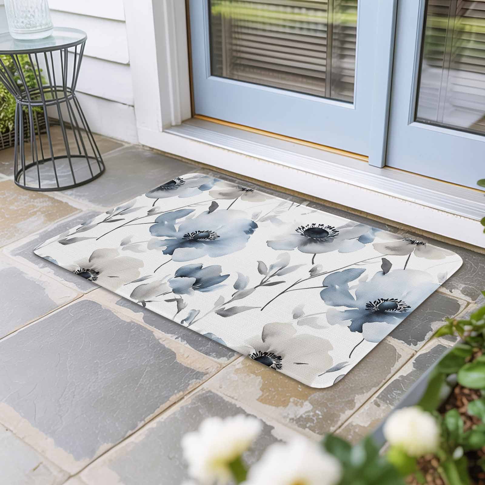 Blue Grey Spring Floral Doormat Outdoor Entrance 16"x24", Elegant Summer Botanical Absorb Moisture Dirt Door Mats, Non-Slip Rubber Backing Floor Mats Indoor, Low-Profile Front Door Rugs