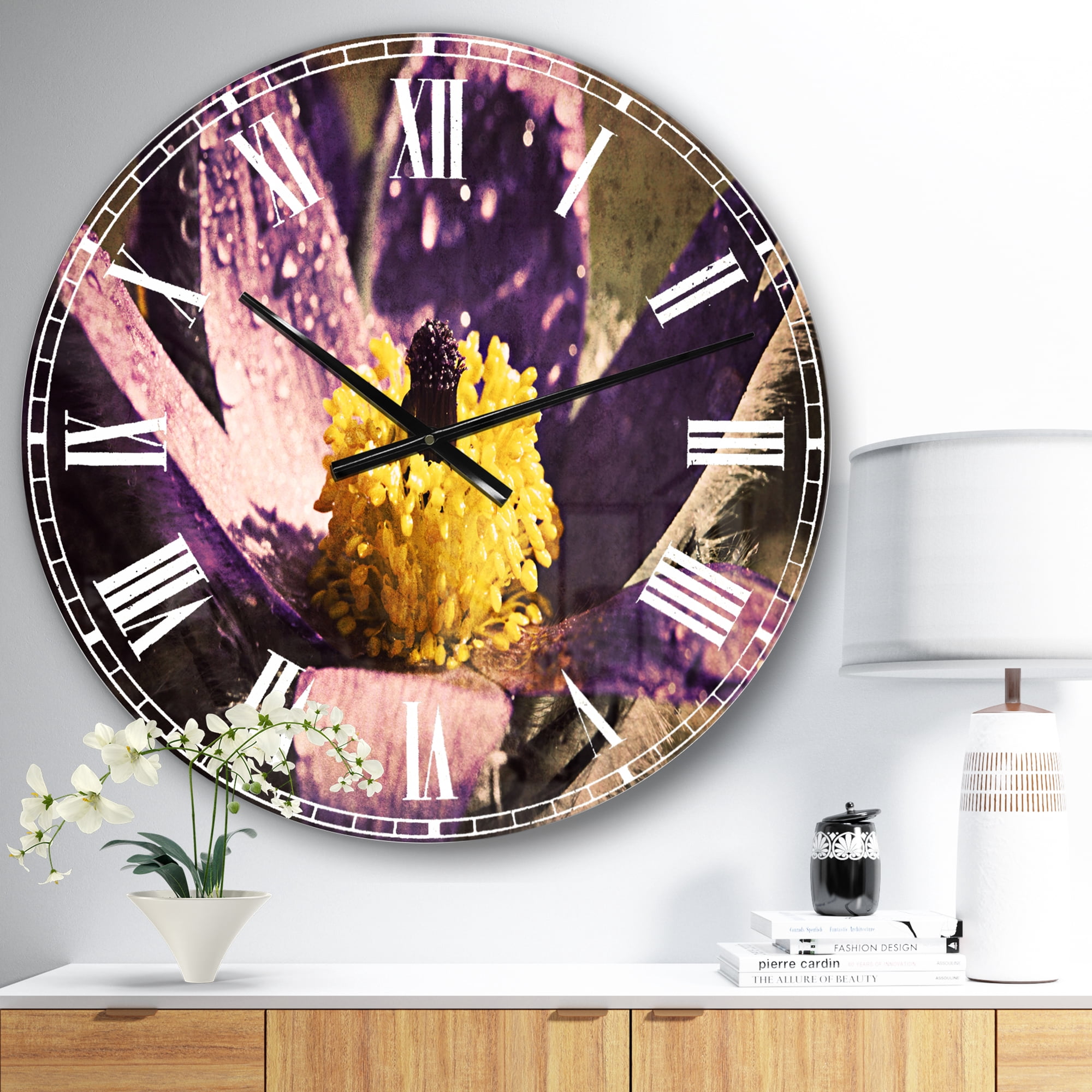 Designart 'Purple Flower with Yellow Stigma' Traditional wall clock
