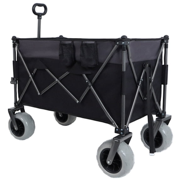 NIGSQJB 480lbs Capacity Foldable Wagon Cart with 9"All-Terrain Balloon Wheels& Brakes,Pockets,Cup Holders, 300L Extra Large Heavy-Duty Shopping Cart Beach Cart for Camping, Sports, Garden, Black