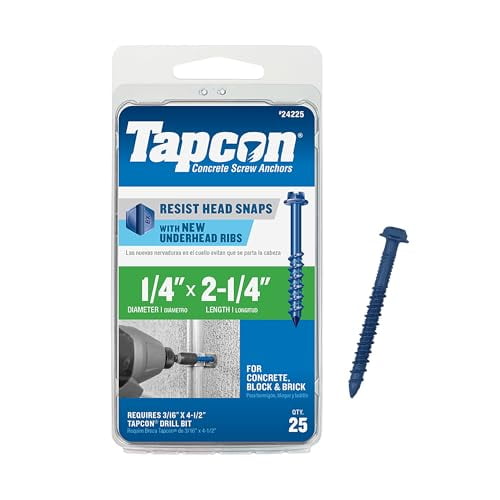 Tapcon 1/4 x 2-1/4 Inch Blue Climaseal® Hex Head Concrete Anchors, 25 PCS, Corrosion Resistant Coating, Heavy-Duty Concrete and Masonry Screws, Superior Holding Strength, Drill Bit Sold Separately